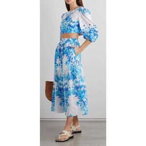 BORGO DE NOR Blue White Rhea Floral Print Broderie Anglaise Cotton Midi Skirt XS